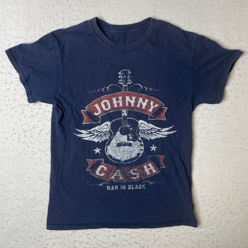 Johnny Cash Graphic T-Shirt Mens Small Blue Man In Black Guitar Wings Crew Neck